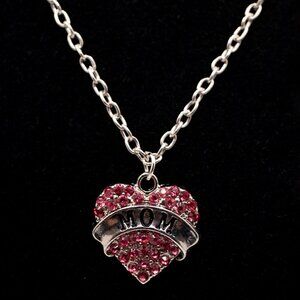Handmade Pink Crystal Pave "Mom" Banner Heart Mother's Day Necklace